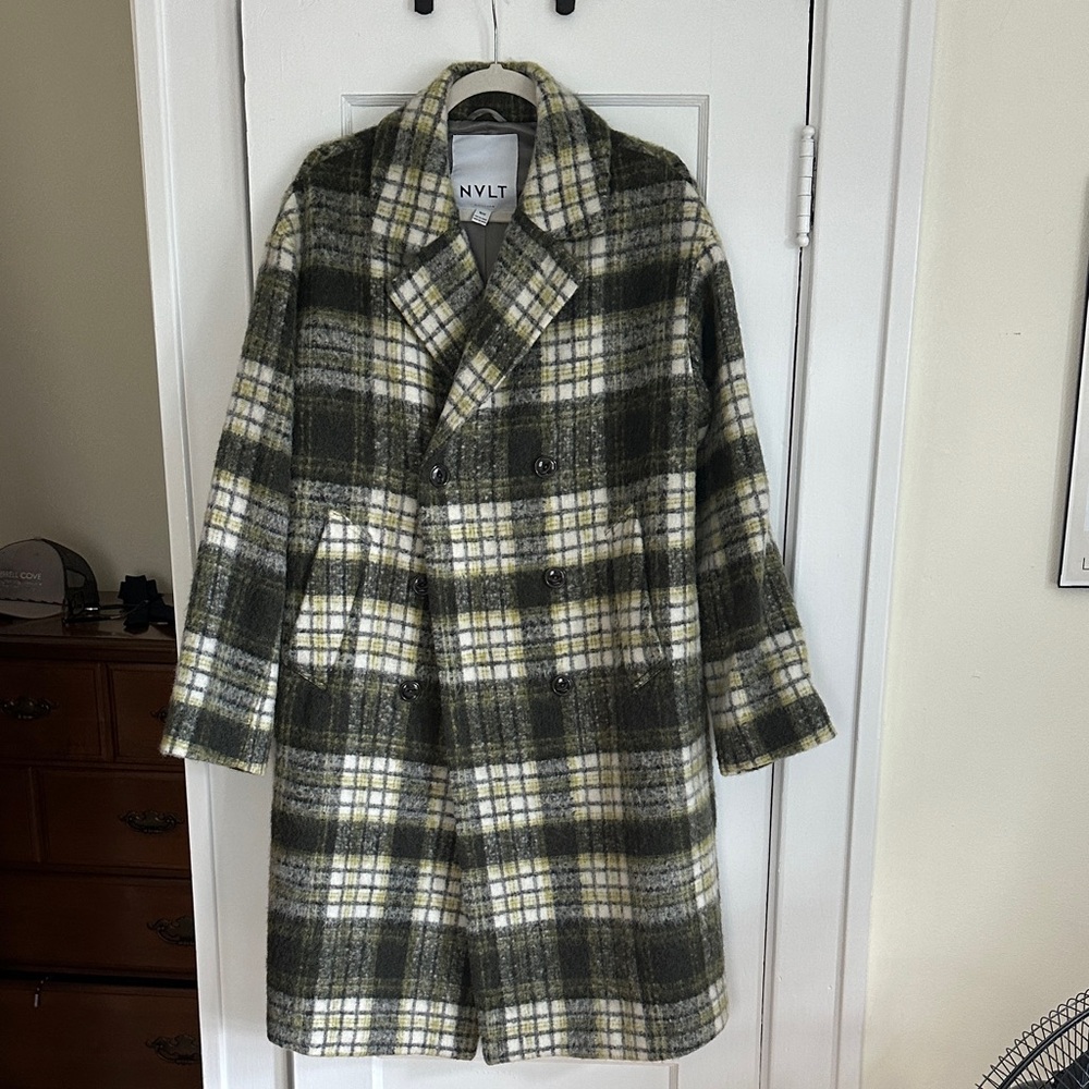 NVLT Green and Cream Plaid Double-Breasted Pea Coat